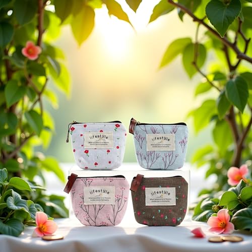 4Pcs Colour Coin Purse, Mini Canvas Change Purse Coin Pouch with Flower Pattern, Portable Purse Holder Girls with Zipper for Cash, Coin, Keys, Credit Card, ID Card Wallets and Money Organizers2