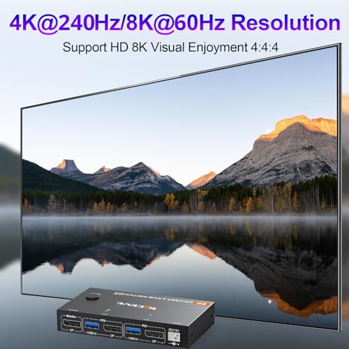 Image of KCEVE KVM Switch 2 Computer 1 Monitor Displayport 4K@240Hz 8K@60Hz, USB 3.0 KVM Switch Displayport 2.1 for 2 PC Share 4 USB Devices Keyboard Mouse,Wired Remote(8K DP 2 in 1 Out KVM)