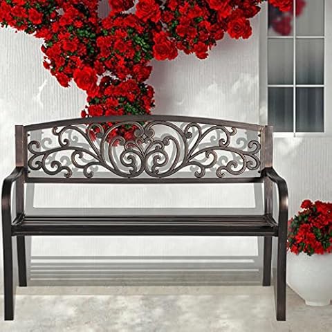 YYkokocat Outdoor Garden Bench Patio Bench with Back and Cast Iron Armrest, 50" Sturdy and Secure Steel Frame Patio Bench for 2 Person, Patio Furniture w/Floral Design Backrest for Outside (Bronze) Cover