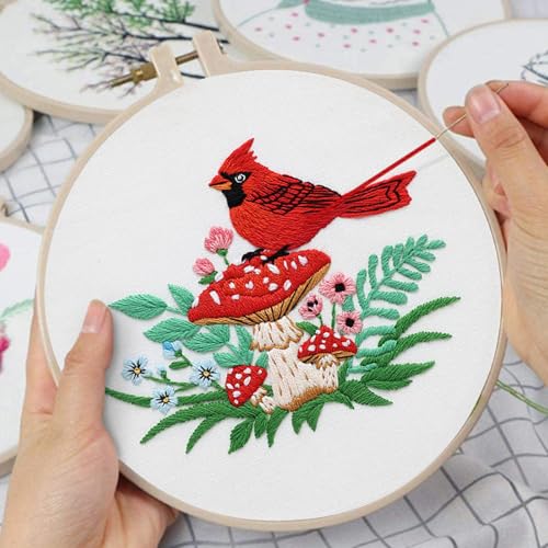 Image of Louise Maelys Cardinal Mushroom Embroidery Kit for Beginners DIY Craft | DIY Needlepoint Kit with Pre-Printed Fabric, Hoop, Threads, Needles and Guide. Cross Stitch Kit for Adults with Nature Design