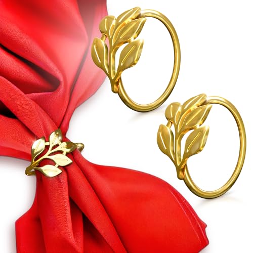 Image of Easter Gold Napkin Rings Set of 12 - Gold Leaf Napkin Rings Set | Elegant Design Napkin Ring Holders for Easter Table Decorations, Festive Dinners, Special Events & Holidays, Kitchen Gifts for Hosts