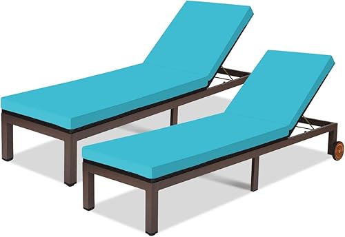GORELAX Juego de 2 tumbonas para exteriores, tumbona reclinable de ratán con cojín acolchado, sillas de piscina ajustables en 5 posiciones con
