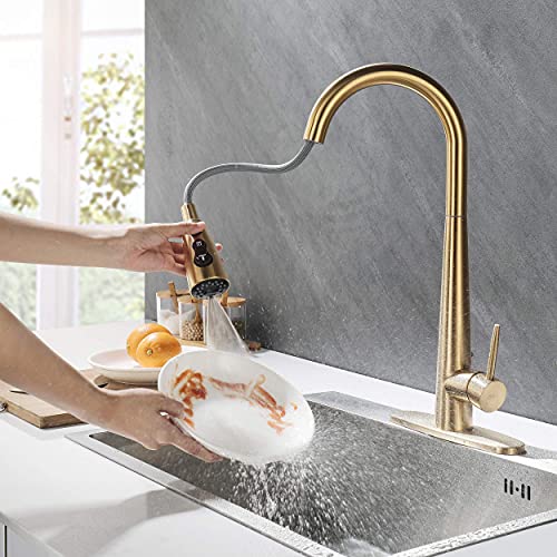 Amazing Force 3 Modes Kitchen Sink Faucet Single Handle Kitchen Faucet With Pull Down Sprayer Stainless Steel Faucet For Kitchen Sink Kitchen Faucets For Home Kitchen, Rv, 1.8 Gpm (Gold) #TOP7