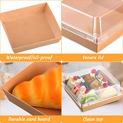 100 Pcs Disposable Food Containers With Clear Secure Lids 5.4 Inch Paper Charcuterie Box Square Cake Boxes Dessert Boxes Cake Slice Container For Sandwich, Cookies, Strawberries, Brown And White #TOP2