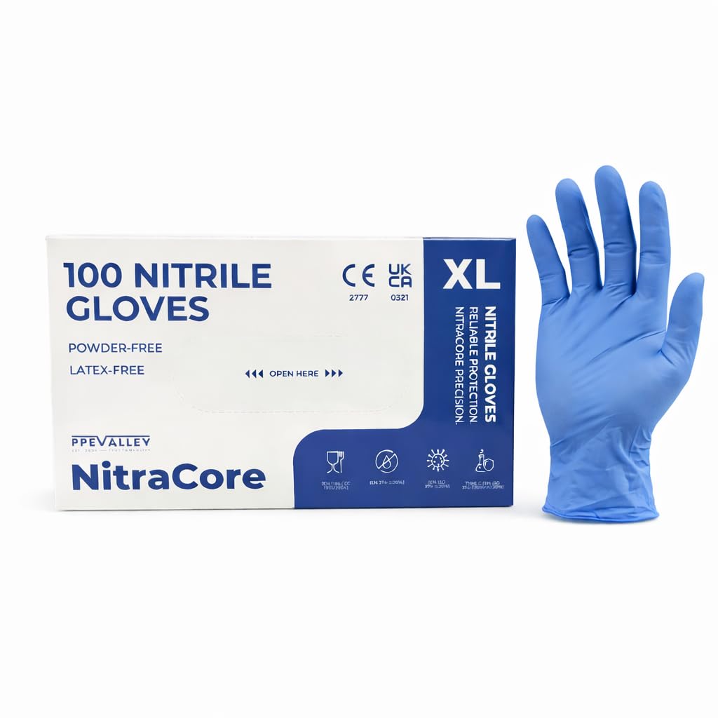 NITRACORE Blue Nitrile Gloves Extra Large – Disposable Powder Free Gloves – Latex Free, Food Safe – Cleaning, Kitchen & Industrial Use – Box of 100