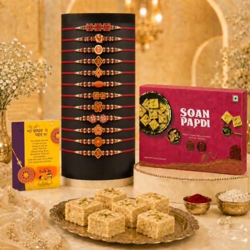 Image of Soanpapdi Sweets Rakhi Combo Gift, Set of 12 Rudraksh Rakhi for Brother Bhabhi kids with Soanpapdi Gift Hamper | Rakhi with Sweets for Brother Gift Pack