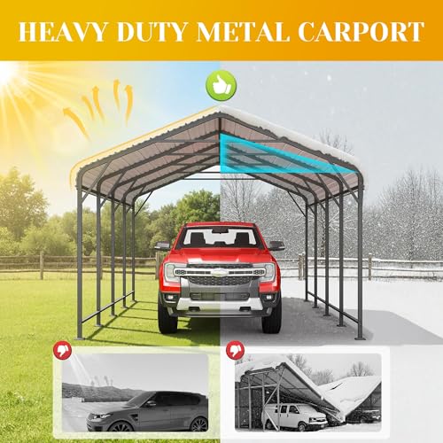 12x20FT Metal Carport, Heavy Duty Carport Canopy with Reinforced Frame and Base for All-Weather, Outdoor Garage Car Port for Pickup Trucks, Boats, Tractors or Party by FansaFurn - Used condition - Image 3