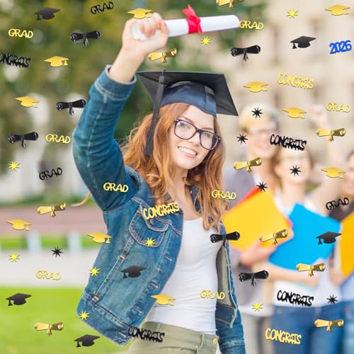 Image of Gold and Black Graduation Confetti 2026, 1000 Pcs Class of 2026 Table Centerpiece Grad Confetti for 2026 Graduation Party Decorations Supplies