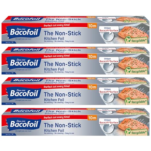 The Non-Stick Kitchen Foil Everyday Strength Easy Prep Easy Cook Easy Clean Suitable for Cooking Baking Roasting Turkey Freezing Wrapping and Storage - 300mm x 10m - Pack of 4