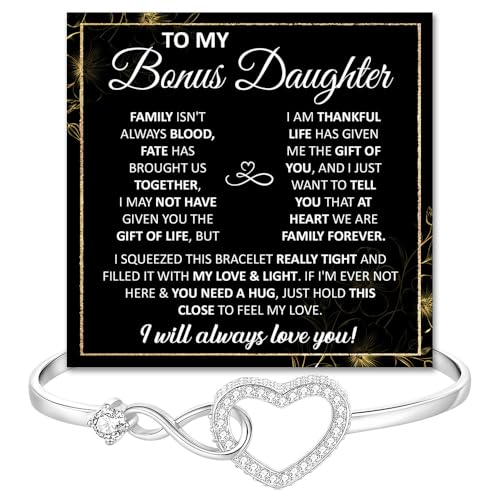 To My Bonus Daughter Bracelet, Stepdaughter Gifts From Stepmom Stepdad, Bonus Daughter Infinity Bracelet Jewelry With Message Card And Box, Christmas Valentine Birthday Gifts For Stepdaughter