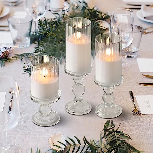 Image of Rhytsing Clear Ribbed Glass Battery Operated LED Candles with Remote, White Flameless Candle Gift Set with Timer for Weddings and Churches, Warm White Light- 6 Batteries Inclued - Set of 3