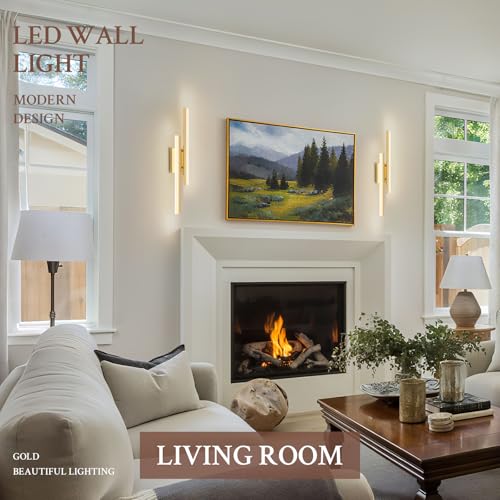 Image of LED Wall Sconce Set of 2 Gold Remote Modern LED Vanity Lights Set of 2 Indoor Wall Light Fixtures for Living Room, Dimmable Wall Sconce for Bedside Bedroom Bathroom, L23.6inch 2 Pack