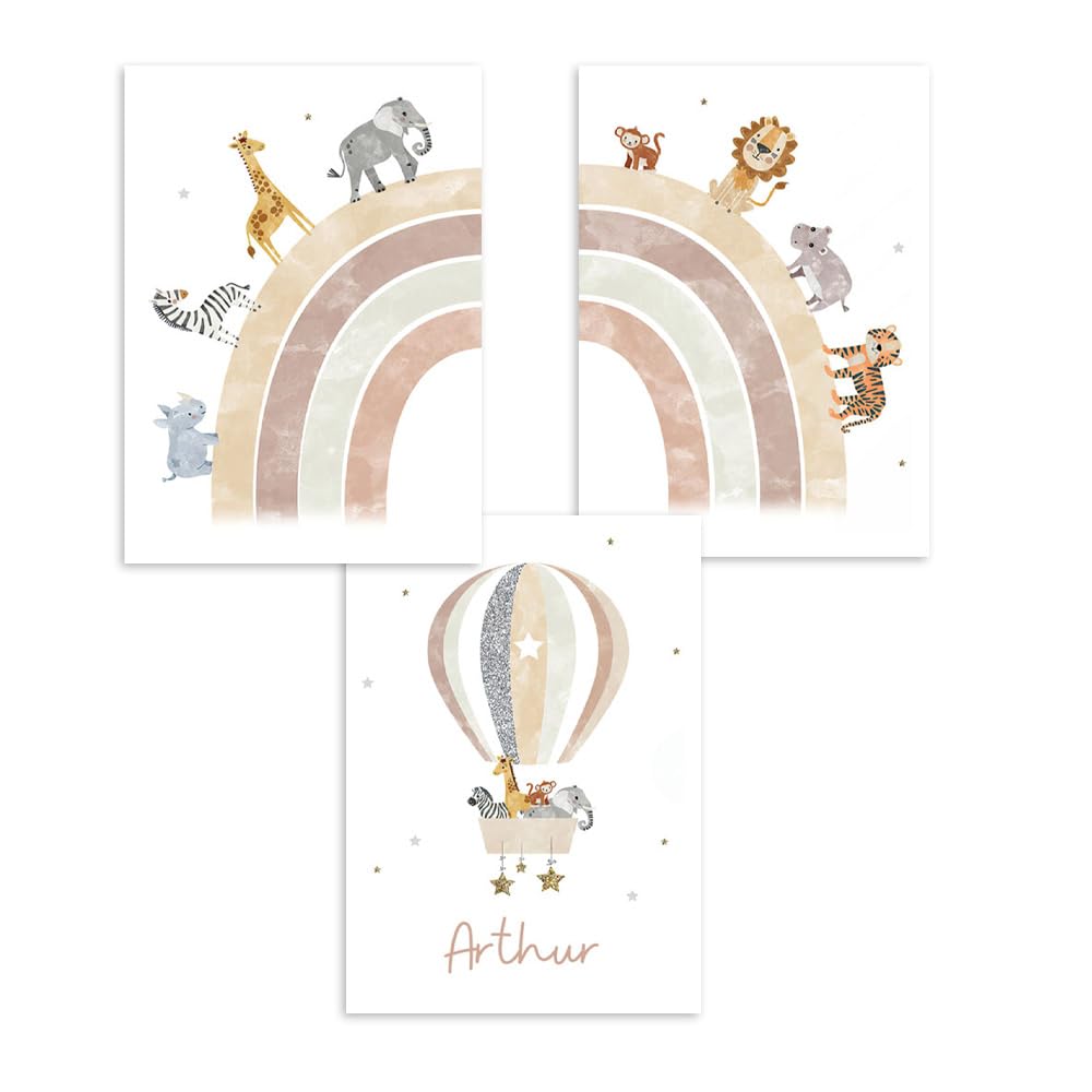 3 Affiche Animaux Chambre Bebe 30x40cm Poster Personnalisé Prenom Enfant Lion Elephant Arc en Ciel Montgolfière Tableau Savane Bébé Garcon Toile Enfant Animaux Safari Cadeau sans Cadre