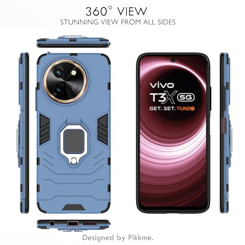Image of Pikkme Vivo T3x 5G / Vivo Y200i 5G Back Cover | D5 Tough Armor Bumper | 360 Protection Case | Ring Holder Stand Case for Vivo T3x 5G / Vivo Y200i 5G (Blue)