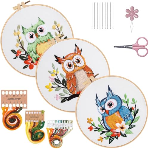 Image of Konrisa Owl Embroidery Kit for Beginners Adult, Embroidery Starter Kit with Cloth Hoops Threads DIY Sewing for Craft Lover Hand Stitch Needlepoint Kits