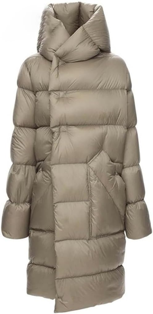 Women's Down Jacket Long Knee Length Hood Loose Warm and Thick Autumn/Winter Gray Coat with Belt
