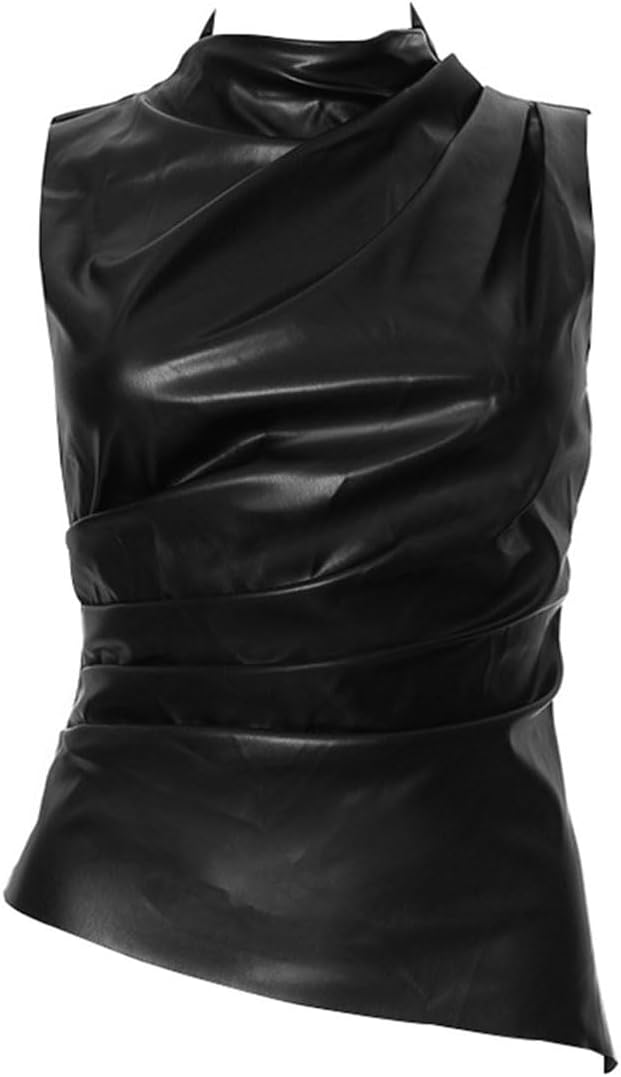 Women's Soft Leather Tank Crop Top Vest Sleeveless Asymmetrical Ruched Sexy Mock Neck Pleated T-Shirt - Image 5