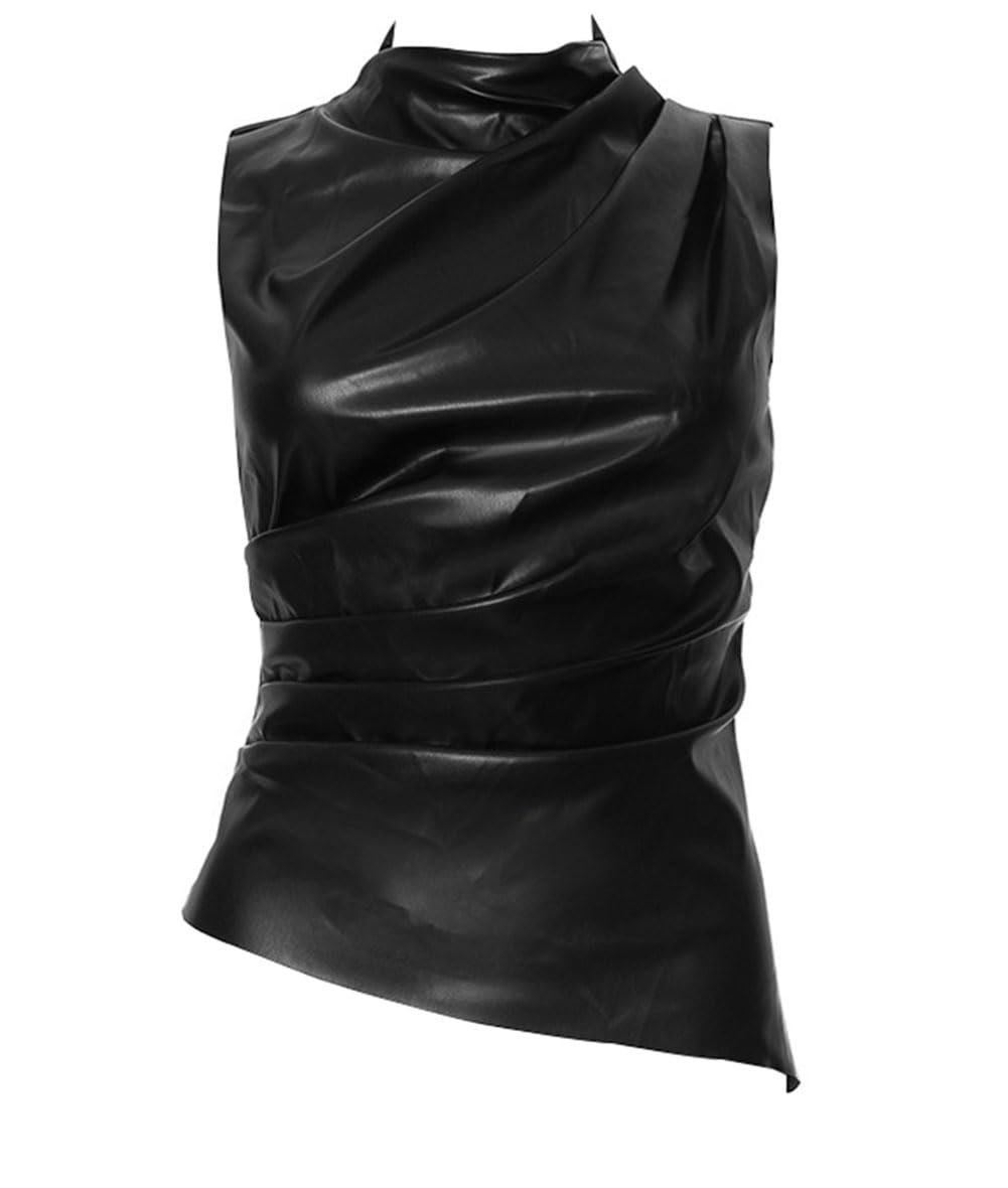 Canotta da donna in morbida pelle crop top gilet senza maniche asimmetrico increspato sexy collo a lupetto t-shirt plissettata