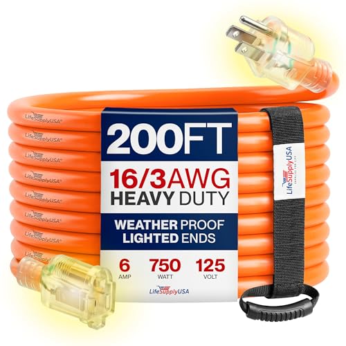 200ft Outdoor/Indoor Extension Cord 16/3 Gauge Heavy Duty 3 Prong SJTW Waterproof Flexible Cold-Resistant Long Power Cord 6A 125V 875W Orange by LifeSupplyUSA