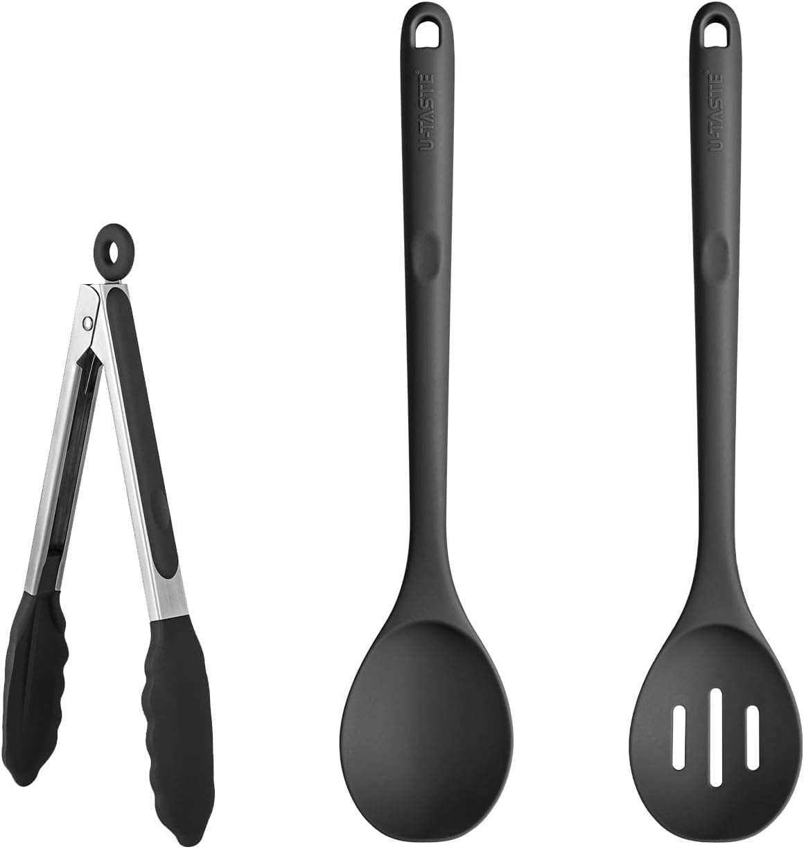 U-Taste 600℉ Heat Resistant BPA Free Non Stick Firm Cooking Tongs (9in), and 600℉ Heat Proof Long Non-Scratch Silicone Solid & Slotted Cooking Spoon for Mixing (Set of 2), Black