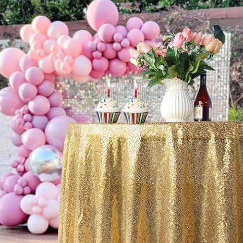 Trimming Shop Gold Sequin Tablecloth 50" Round Cover