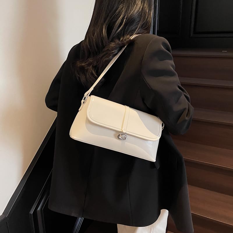 Ladies All-Match Underarm Bag PU Leather Elegant Flap Bag Simple Handbag (White)3