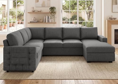 Image of HONBAY Sectional Sleeper Sofa with Pull-Out Bed Storage Chaise, 6 Seaters Couch for Living Room, Light Grey