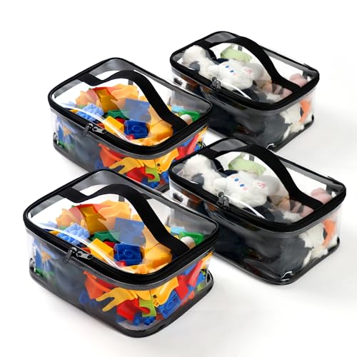 4 Packs Clear Toy Storage Bags with Zipper, 9.5x7x4 Inches Waterproof Reusable Toy Organizer Bags for Small Toys, Building Blocks, Foldable Transparent PVC Storage Pouches for Home, Travel