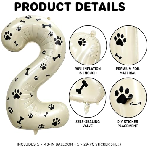 Image of 40 Inch Cream Beige Number 2 Foil Balloon DIY with Dog Paw Bone Stickers