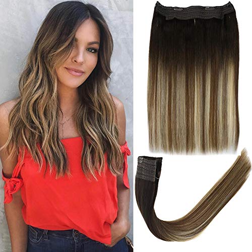 LaaVoo 18 Pulgadas Extensiones de Cabello Humano con Línea de Pescado Highlighted #3/6/24 Rubio Gris a Rubio Ligero y Rubio Platino 80 Gramos Remy Halo in Extension Anchura de 11 Pulgadas