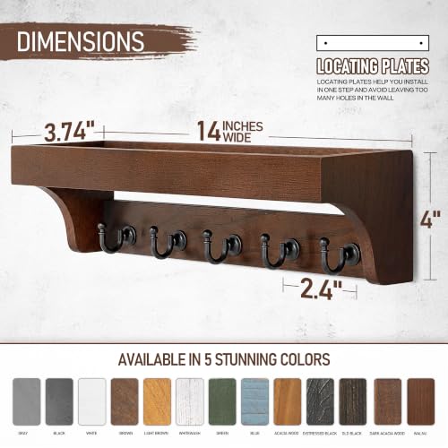 Image of Walnut Wood Key Holder Wall Mount for Room Decor and Organization, Brown | Key Holder for Wall with Shelf for Plants & Cute Things,5 Sturdy Key Hooks,Can Also Hang Dog Leashes,Ideal for Home Decor