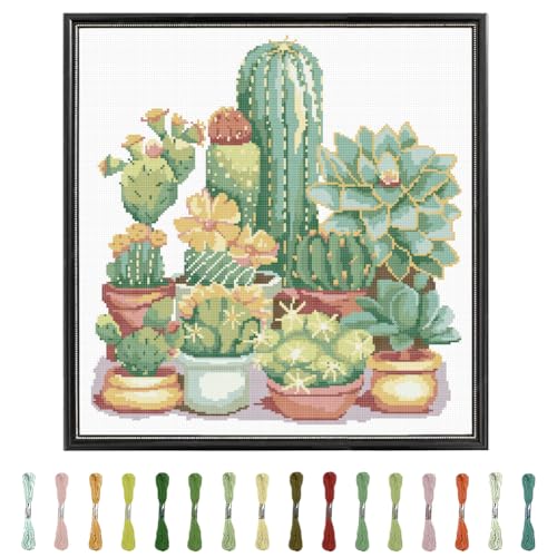 Image of FREEBLOSS Cactus Cross Stitch Kit Cross Stitch Starter Kit for Adults with Instructions 13 * 17'' Pure Cotton Cloth Cross Stitch for Beginnrs Cross stitch Wall Hanging No Frame