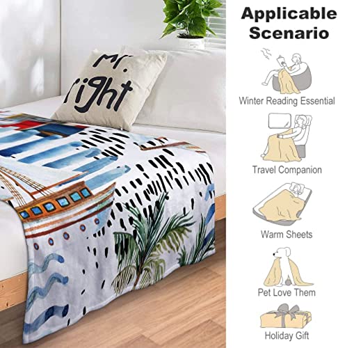 Anchor Rudder Lighthouse Sailboat Palm Tree Leaves Throw Blanket Ocean Nautical Watercolor Marine Style Throw Blanket Cozy Fuzzy Fleece Blanket For Sofa Bed Couch #TOP3