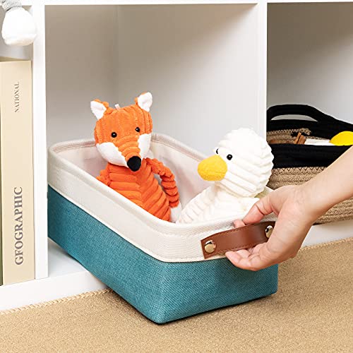 Image of DULLEMELO Small Storage Basket for Organizing, Collapsible Fabric Basket for Shelves, Closets, Laundry, Nursery, Decorative Basket for Gifts Empty (White&Teal)