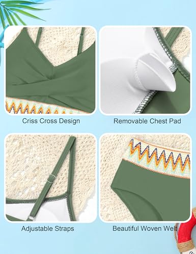 Image of Girls Swimsuit 2 Piece Teen Criss Cross Bikini Set Woven Color Block Welt Bathing Suit for Girls Swimwear 9-18T