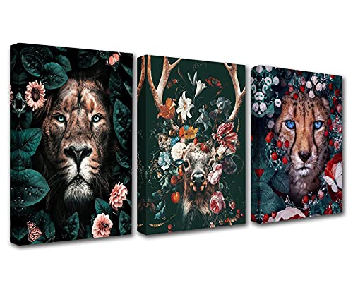 Kunstdruck mit Tierblumen, Hirsch und Tiger mit Blumen, Pflanzen, rustikale Leinwand, modernes gerahmtes Kunstwerk für Kinderzimmer, Schlafzimmer, Badezimmer, Wanddekoration, fertig zum Aufhängen Cover