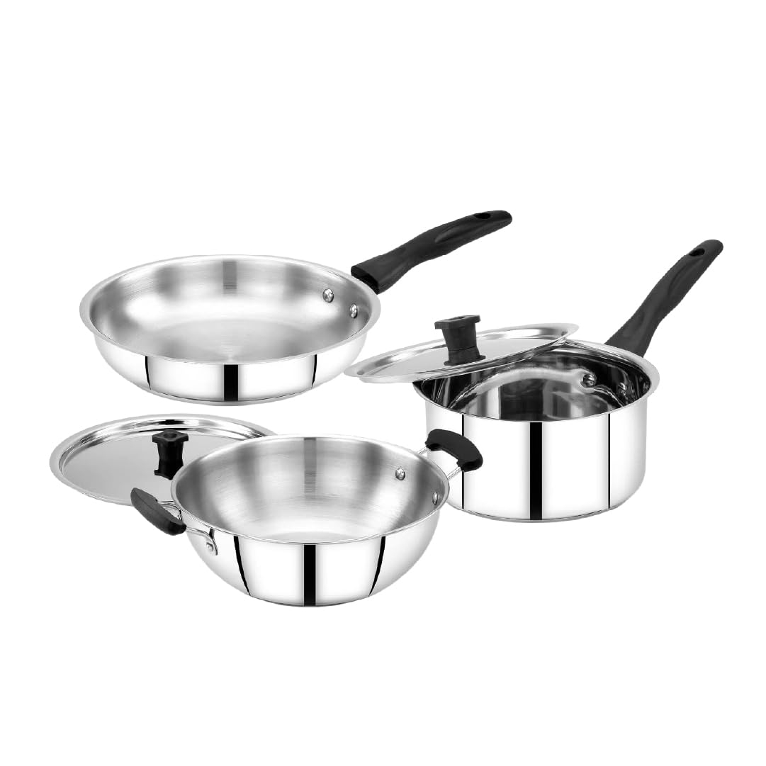 Praylady Stainless Steel Cookware Set | Triply Base| Sandwich Bottom 5 Pc Combo – 22cm Kadai, 22cm Fry Pan, 16cm Saucepan with Lid | Even Heat | Induction & Gas Compatible | Tight-Fit Lids