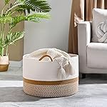 KAKAMAY Large Blanket Basket (20"x13"),Woven Baskets for storage Baby Laundry Hamper, Cotton Rope Blanket Basket for Living Room, Laundry, Nursery, Pillows, Baby Toy chest (White/Brown) - Image 2