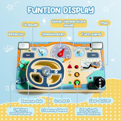 Busy Board Montessori Toys for 1 2 3 Year Old, Wooden Toddler Sensory Toy Busy Board with LED Lights Sound Switch, Toddlers Activity Travel Toy, Steering Wheel Toddler Toys Christmas Gift for Boy Girl - Image 9