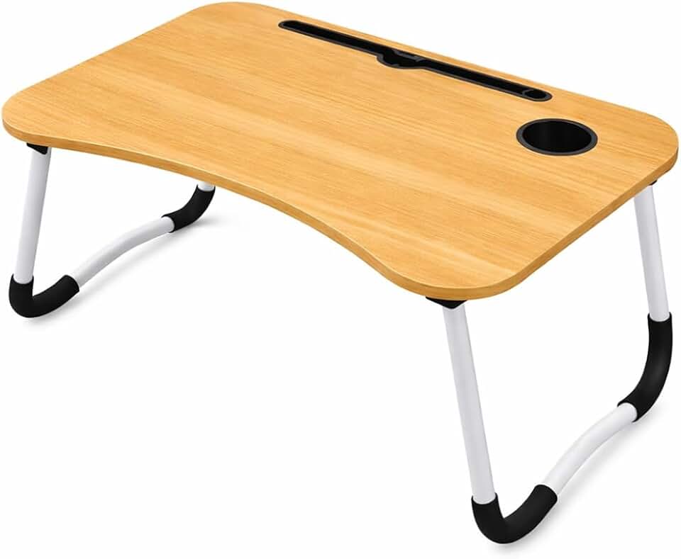 Mesa Portátil Dobrável para Notebook 15” com Porta-Copos e Suporte para Tablet – Ideal para Cama, Sofá e Home Office – MDF Reforçado Cor Carvalho, Estrutura Resistente e Compacta Linha Premium