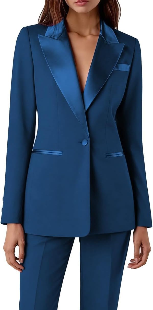 Women's 2 Piece Pant Suit Set Satin Peaked Lapel One Button Workout Suits Wedding Party Prom Tuxedo Suits
