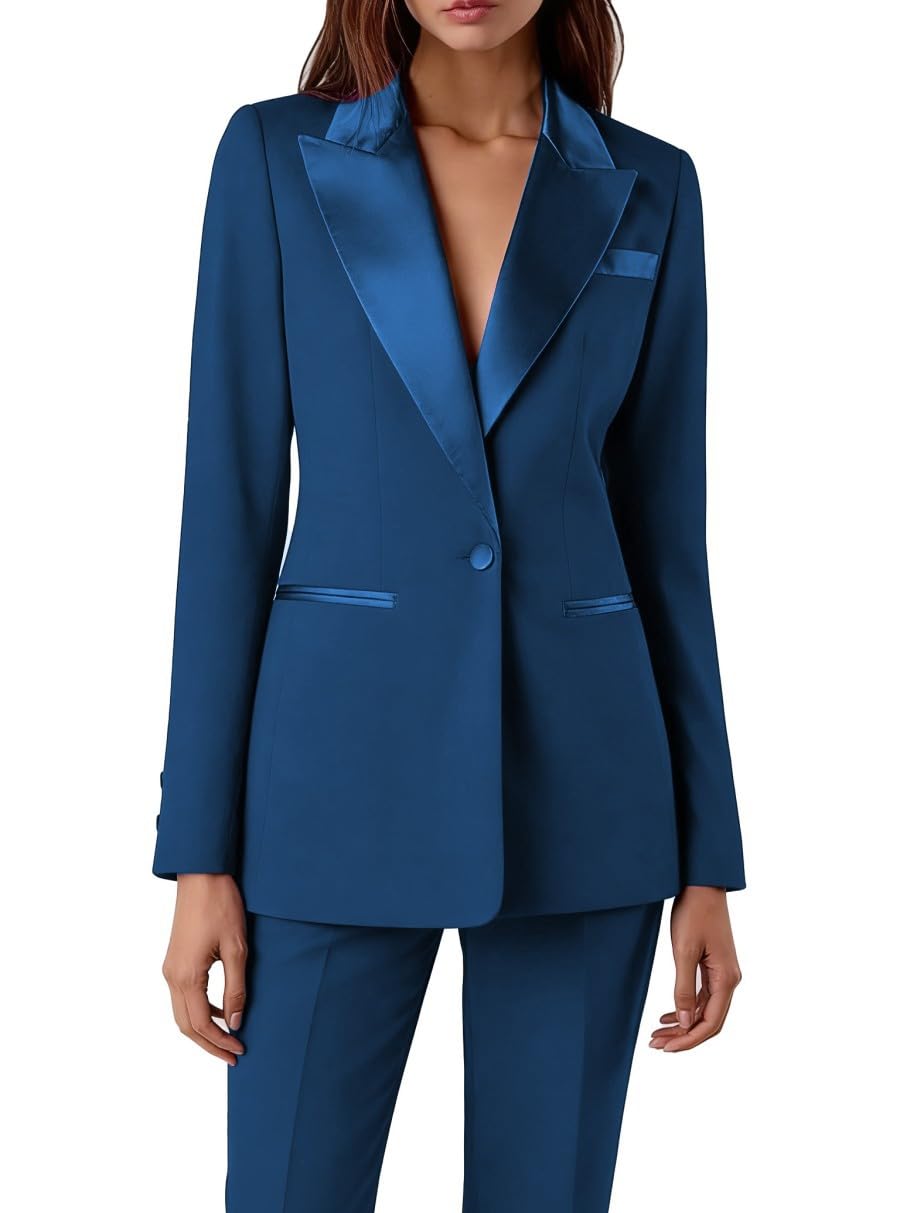 Completo da donna in 2 pezzi con risvolto a punta in raso, un bottone, per allenamento, matrimoni, feste, balli studenteschi, smoking