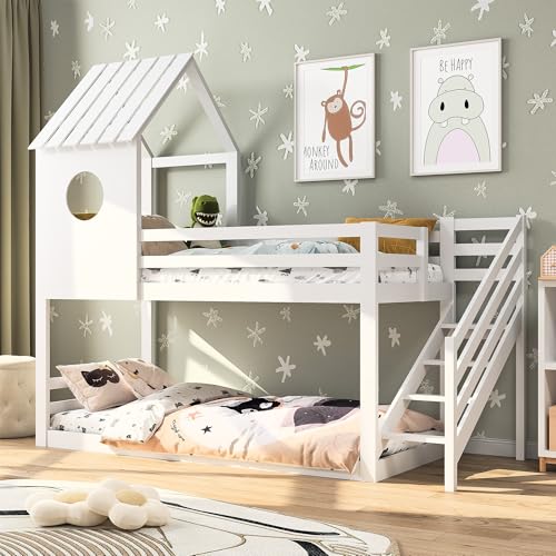 Etagenbett 90x200 cm, Hochbett mit Treppe, Doppelstockbetten mit rausfallschutz, Kinderbett Holzbett mit Fenster und Dach, Hausbett mit Lattenrost,Wackelsicher und Kippgeschützt, Weiß – Bild 7
