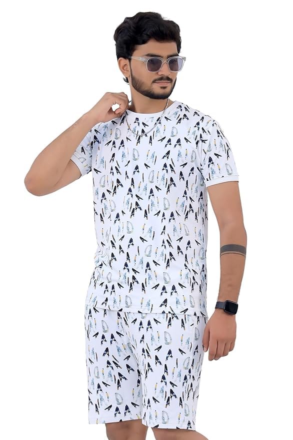 Men’s Polyester Printed Casual Co-ords Set | Night Suit for Men | Sleepwear Loungewear T-Shirt & Shorts Combo Set – Summer Collection