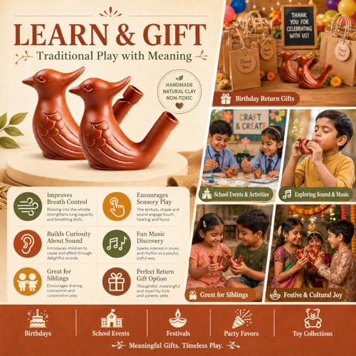 Image of Premium Clay Bird Whistle Toy | Handmade Earthen Water Whistle | Natural Terracotta Sound Toy for Kids & Adults | Traditional Musical Toy | Pack of 2