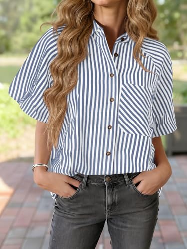 Image of Tankaneo Womens Short Puff Sleeve Button Down Shirts Striped Trendy Casual Loose Fit Blouse V Neck Collared Tops
