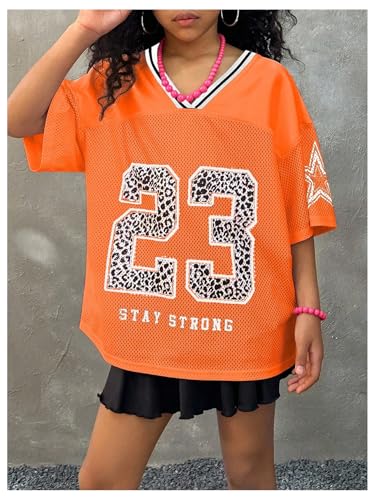Image of Floerns Girl's Jersey Shirt Printed Oversized Short Sleeve Mesh Tee Shirts V Neck Sport Jersey Shirts