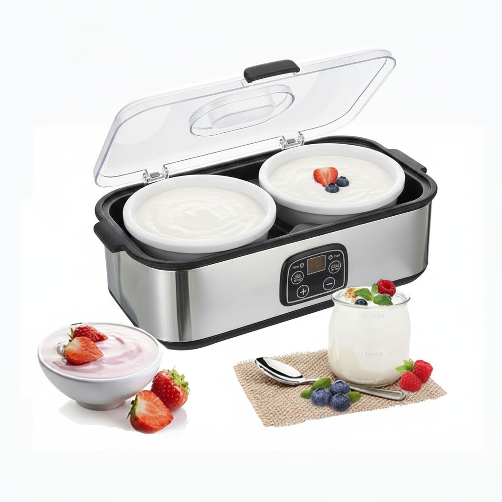 Yogurtiera automatica, 2 l, temperatura regolabile e timer, yogurtiera elettrica con indicatore LED e 2 contenitori in vetro, ideale per la preparazione di yogurt biologico, latticini, formaggio