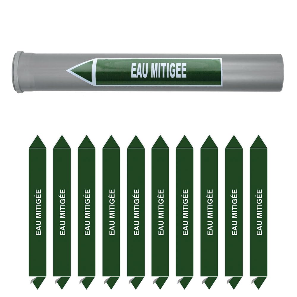 Planche de 10 marqueurs de tuyauterie EAU (Ø DM 10 à 25) pour fluide EAU MITIGÉE / 150 x 12mm