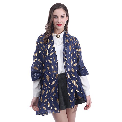 Lina & Lily Metallic Gold Silver Foil Feather Women's Scarf Shawl Wrap Lightweight3